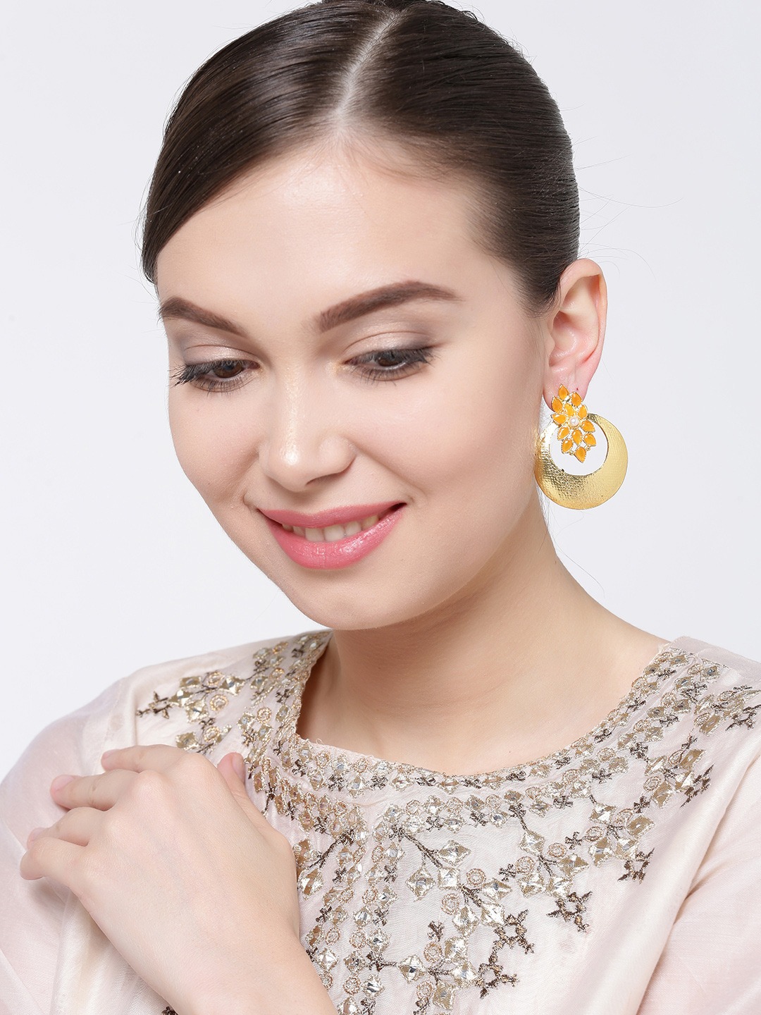 YouBella Orange Gold-Plated Crescent Shaped Drop Earrings